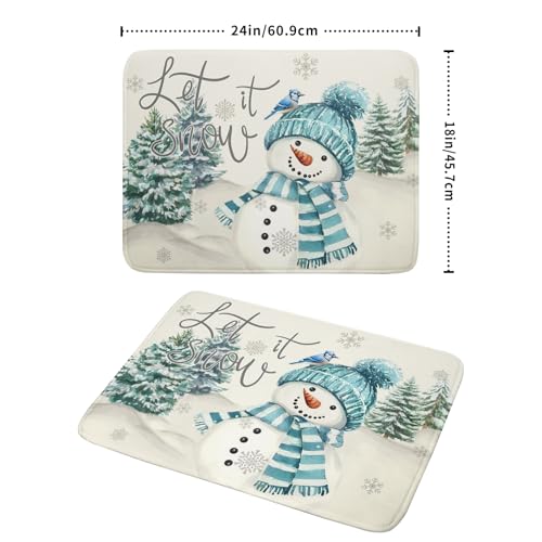 Blue Snowman Dish Drying Mat Xmas Trees Bird Winter Snowy Scene Dish Drainer Mats 18"x24" Microfiber Reversible Dish Drying Rack Pad Protector for Kitchen Countertop Decor
