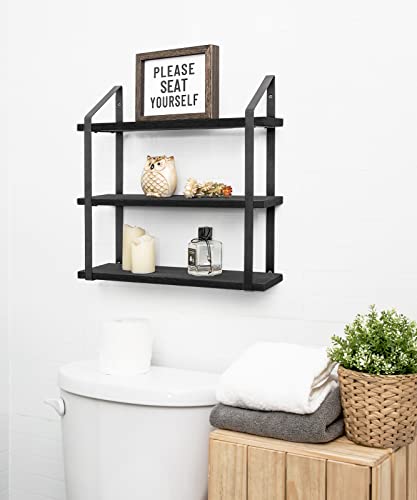 Floating Wall Shelves 3 Tier Rustic Hanging Shelf with Metal Bracket Wall Mount Wood Storage Display Shelves for Living Room Bathroom Bedroom Kitchen Office