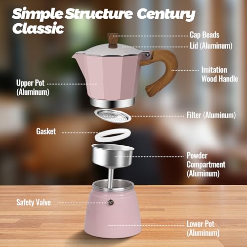 6 Cup Aluminum Moka Pot Classic Stovetop Espresso Coffee Maker 300ml 10oz Coffeemaker Percolator Mocha Pot Greca Coffee Maker Cafe Makers for Italian and Cuban Café Brewing Pink
