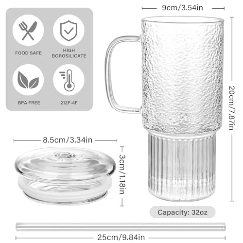 32oz Glass Cups with Handle Lids and Straws