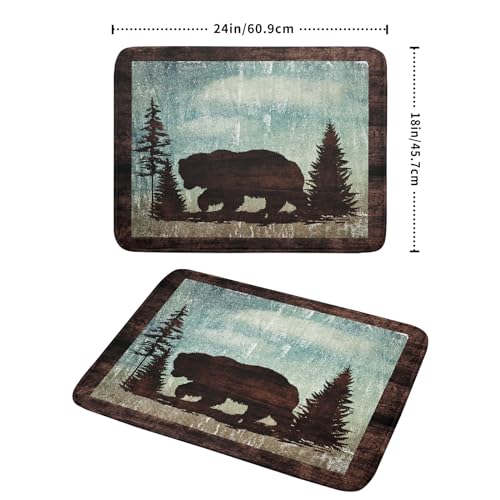 Retro Brown Bear Forest Cabin Dish Drying Mat Countertop 18x24 Fall Blue Sky Cloud Cartoon Wild Animal Bushes Drainer Mat Pine Tree Grass Dishes Pad Rustic Floral Dish Drainer Rack Wildlife