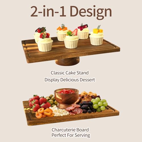Acacia-Wood-Rectangular-Cake-Stand With Acrylic Lid, 2-in-1 Cake Plates Charcuterie Board With Cover, Cake Holder With Dome, Dessert Table Display Stand