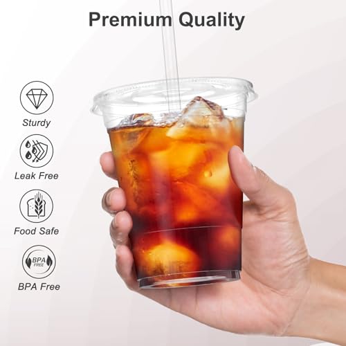 100 Pack 16 oz Clear Plastic Cups with Lids and Straws (100 Count)
