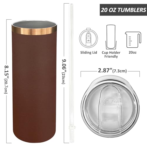 20 oz Skinny Tumblers Bulk with Lids and Straws Brown (4 Count)