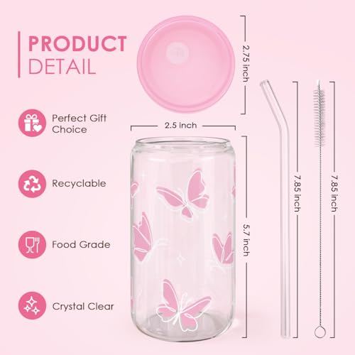 Butterfly 16 Oz Can Glass Tumbler with Acrylic Lid and Straw