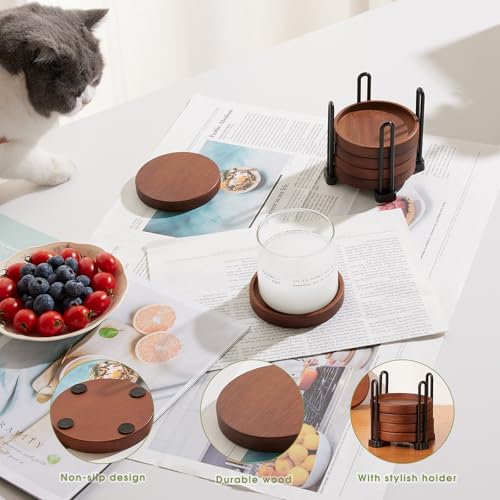 Set of 6 Wooden Coasters with Holder