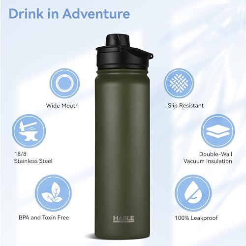 Insulated Water Bottle 22 oz Double Wall Stainless Steel Water Bottle Wide Mouth with Straw Lid & Spout Lid Keeps Cold or Hot