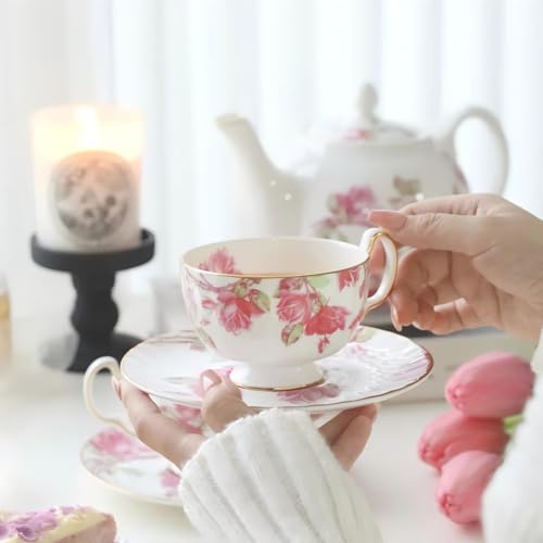 Fine Bone China Elizabeth Rose Teapot and Set of 2 Teacups & Saucers