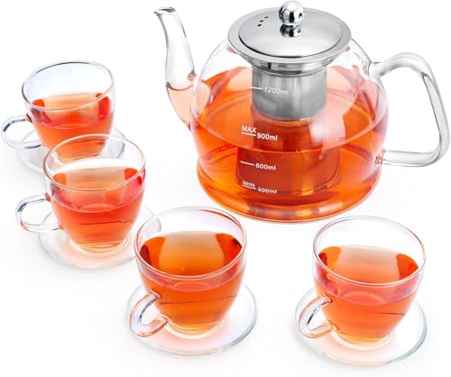 Tea Pot Set 1200ml Glass Teapot with 4 Glass Teacups