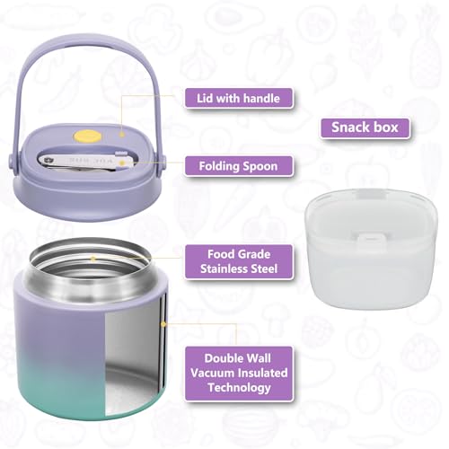 2 - in - 1 Soup Thermo for Hot Food 14oz with Snack Box Container Leak Proof Insulated Lunch Container Kids and Adults Stainless Steel Double Wall Vacuum Wide-mouth Thermal with Spoon and Handle