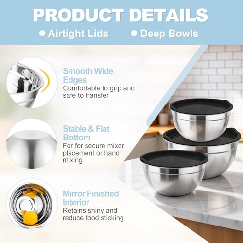 Mixing Bowls Stainless Steel Nesting Salad Bowls & Airtight Lids (3 Count)