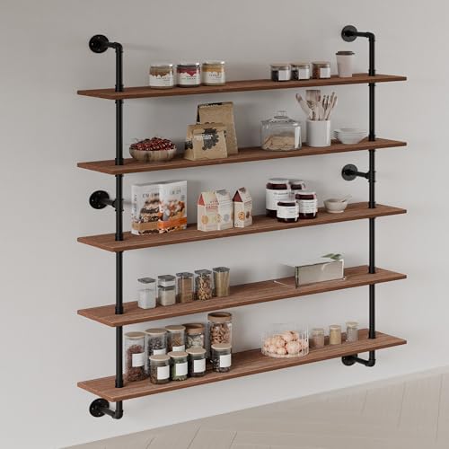 Floating Shelves for Wall Bookshelf Industrial Pipe Shelving Shelves 48 Inch 5 Tier Natural Wood Planks Rustic Wall Shelves Hanging Bookshelves Farmhouse Kitchen Shelving (5 Count)