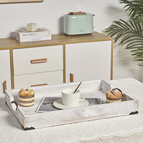 Large Wood Rectangular Serving Tray 20 x 14 Inch Rustic Wooden Ottoman Tray with Metal Handle and Wrapped Corners