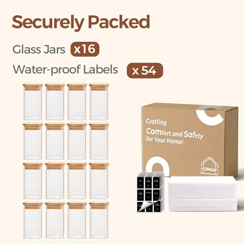 Square Glass Spice Jars with Labels 8 oz 16 Pack with Bamboo Lids (16 Count)