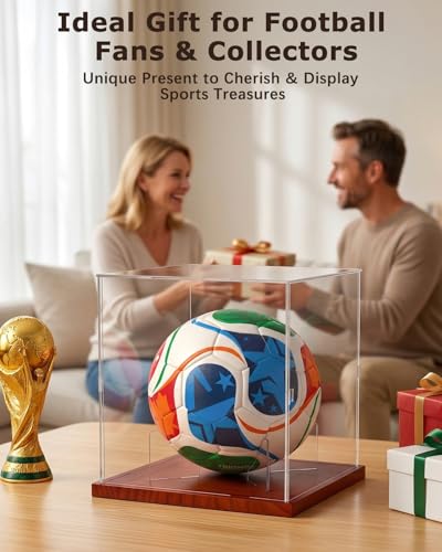 Full Size Acrylic Soccer Ball Display Case Solid Wood Base