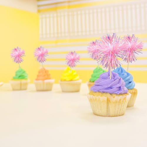 30Pcs Foil Firework Cupcake Toppers Sparkle Tinsel Cake Toppers Tinsel Drink Cake Decoration Cocktail Picks for Birthday Wedding Graduation Party Supplies Dark Pink (30 Count)