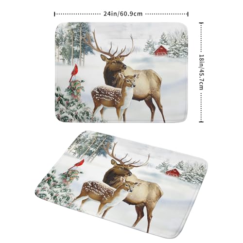 Winter Deer Dish Drying Mat 18"x24" Xmas Tree Bird Holly Berry Dish Drainer Mats Elk Moose Snow Cottage Farmhouse Reversible Large Dish Drying Pad Protector for Kitchen Countertop Decor