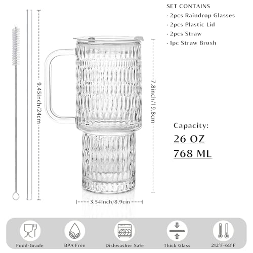 24 oz Raindrop Glass Tumbler with Handle and Lid