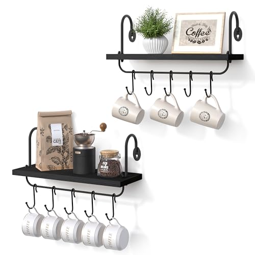 Floating Wall Shelves for Kitchen Bathroom Coffee Nook with 10 Adjustable Hooks for Mugs Cooking Utensils or Towel Rustic Storage Shelves Set of 2 (2 Count)