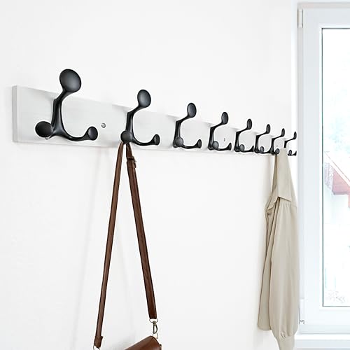 43 Inch White Wood Coat Rack Wall Mount with 8 Triple Hooks