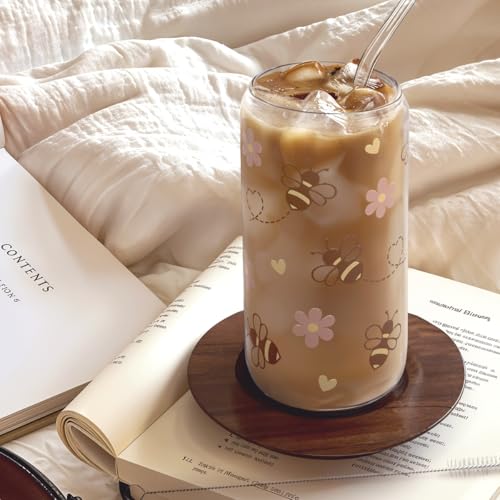 Bee 16oz Can Glass Tumbler with Acrylic Lid & Straw
