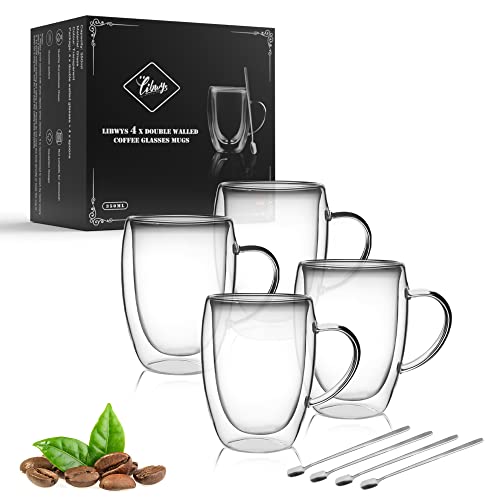 4 Pack Double Walled Coffee Cups Glasses Mug 12oz Borosilicate Glass (4 Count)