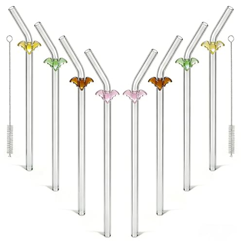 8 Pack Multicolor Bat Borosilicate Glass Straws with Charms (8 Count)