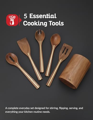 Acacia Utensil Set of 5 with Holder (6 Count)