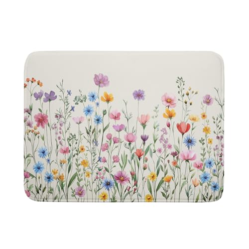 Spring Floral Dish Drying Mat 18"x24" Watercolor Summer Wildflower Dish Drainer Mats Herb Flower Reversible Absorbent Dish Drying Pad Decor for Kitchen Countertop Dining Room