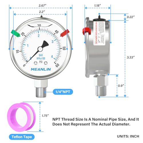 0~60Psi Liquid Filled Pressure Gauge Stainless Steel 2.5" FACE DIAL 1