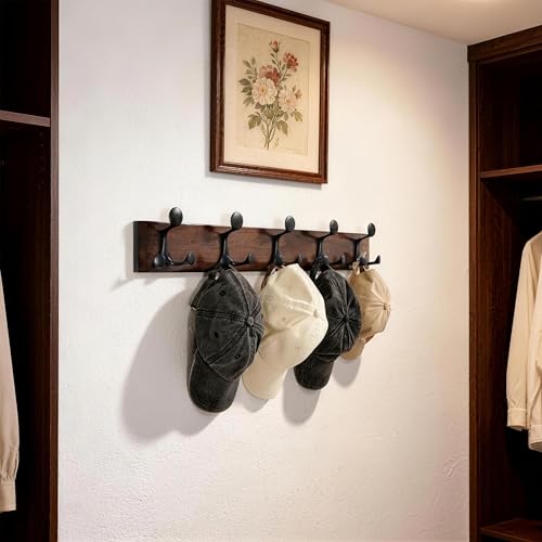 24 Inch Walnut Wood Coat Rack Wall Mount with 5 Triple Hooks