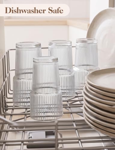 20 oz with Lids and Straws Ribbed Glass Cup Set of 4 (4 Count)