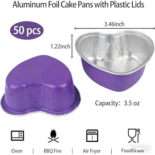 Mini Heart Shaped Cake Pans 3.5oz Aluminum Foil Heart Cake Pan with Lids (50 Count)