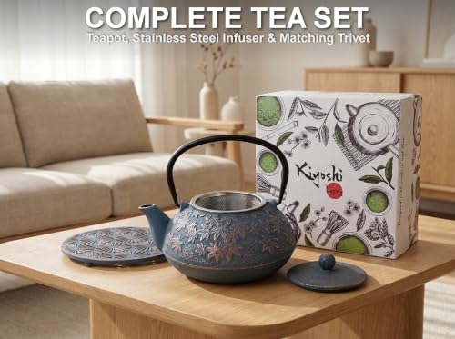 40 Oz Blue Maple Leaf Cast Iron Teapot