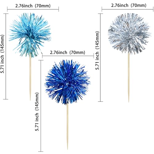 30Pcs Foil Firework Cupcake Toppers Sparkle Tinsel Cake Toppers Tinsel Drink Cake Decoration Cocktail Picks for Birthday Wedding Graduation Party Supplies Blue Silver (30 Count)