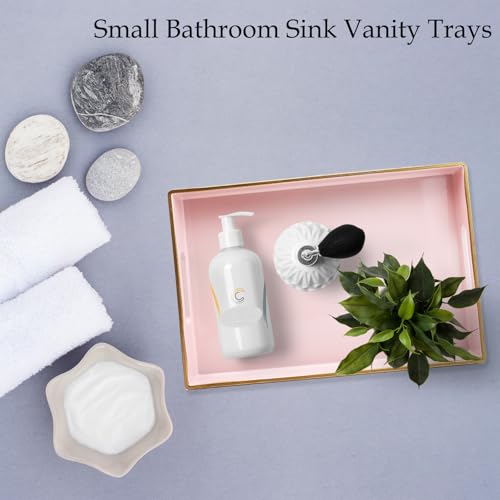 Pink Bathroom Vanity Tray with Handles for Dresser Tops