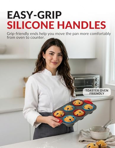 Non Stick Steel 6 Cup Muffin Pan with Silicone Handles and Reusable Liners