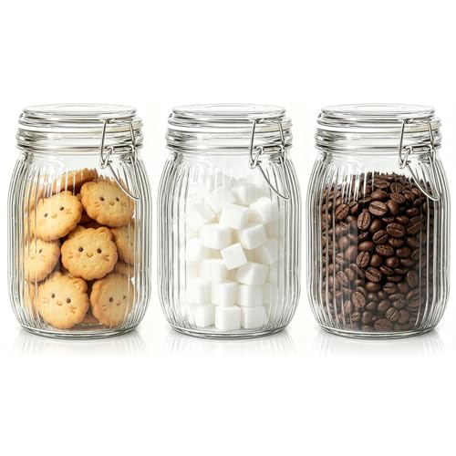 Ribbed Glass Storage Jars Airtight Lids 34oz 3 Pack Pantry Flour (3 Count)
