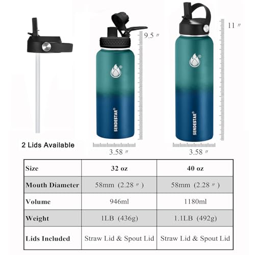 Insulated Water Bottle 40 oz with Straw
