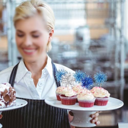 30 PCS Foil Firework Cupcake Toppers Sparkle Tinsel Cupcakae Picks Foil Firework Decorations Cocktail Fruit Toothpick for Fireworks Theme Birthday Wedding Graduation Party Decor Blue Silver Light Blue (30 Count)
