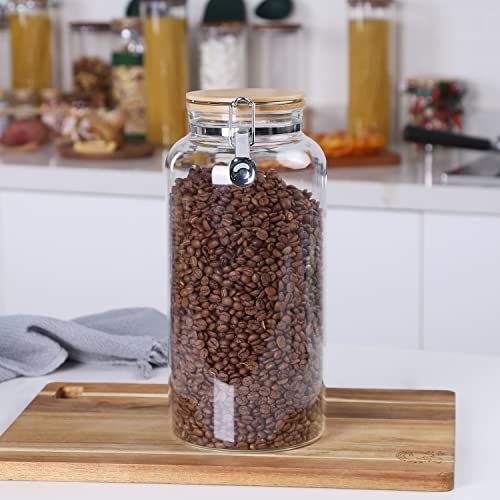 Glass 2 lb Whole Bean Coffee Glass Container with Airtight Hinged Bamboo Lids (2 Count)