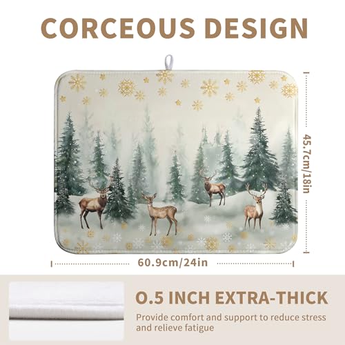 Winter Deer Snowflakes Dish Drying Mat Christmas Snow Forest Large Kitchen Mats Dish Drying Pad Absorbent Dish Dryer Mat for Kitchen Countertops Microfiber Drainer Pad Dish Drying Mats