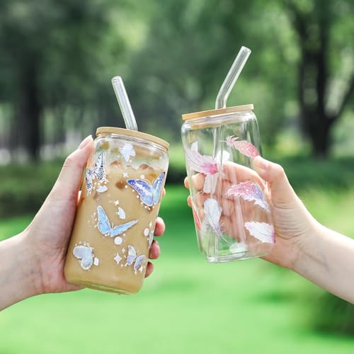 2 Pack Glass Cups with Bamboo Lids and Straws 16 oz (2 Count)