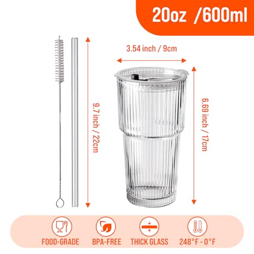 20oz Ribbed Glass Tumblers with Lids & Straws