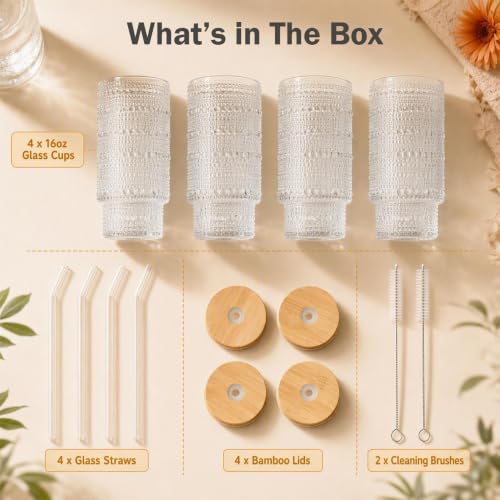 Glass Cups with Lids and Straws 16 oz Hobnail Drinking Glasses (4 Count)