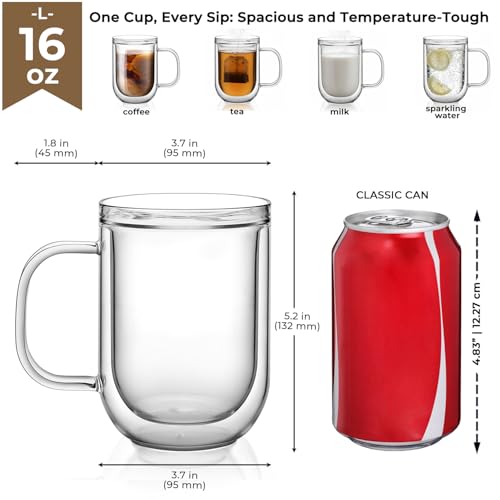 16oz Double Walled Glass Coffee Mugs Set of 2 (32 Count)