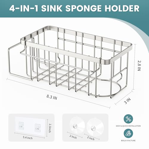 4-in-1 Sponge Holder for Kitchen Sink, Sink Caddy Organizers, Silver