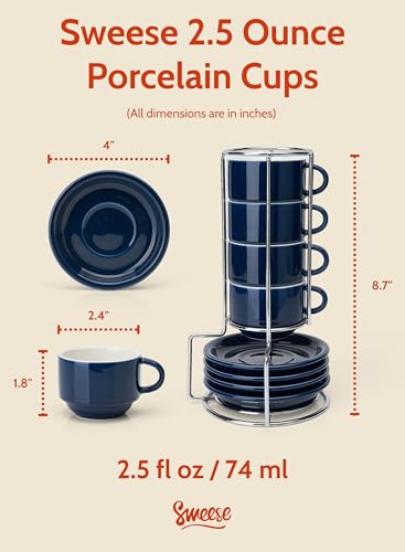 2.5 Ounce Porcelain Stackable Espresso Cups with Saucers and Metal Stand Set of 4