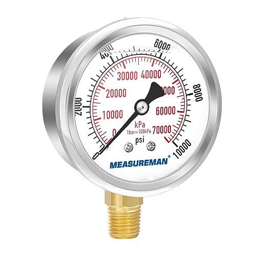 2-1/2" Dial Size, Glycerin Filled Pressure Gauge, 0-10000psi/kpa, 304 Stainless Steel Case, 1/4" NPT Lower Mount