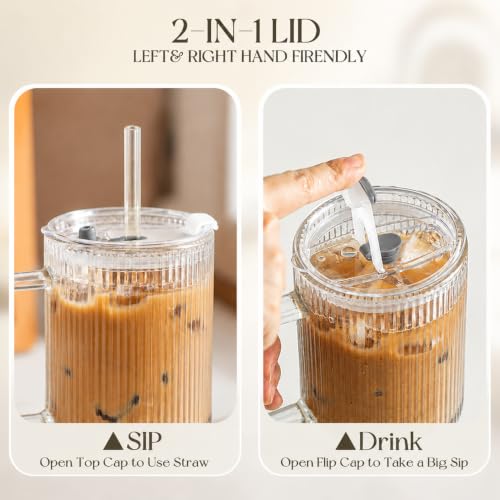 24oz Ribbed Glass Cups with Lid & Straws